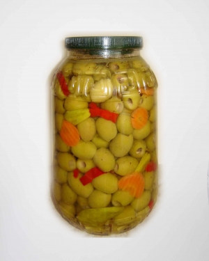 Green pitted olives marinated