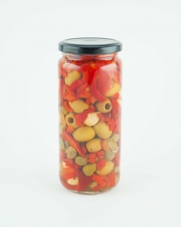 Green pitted olives with red sliced peppers